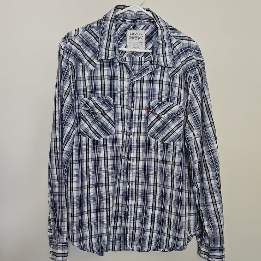 Levi's Men's Button Down Pearl Snap Flap Front Pockets Blue Plaid Shirt XL